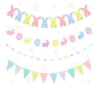 4 Sets Easter Bunny Banner, Rabbit and Easter Eggs Bunting Banner, 10 Non-Woven Pennant Flags, Easter Felt Ball Garlands, Easter Pom Pom Garland Hanging Decoration for Indoor Outdoor Garden