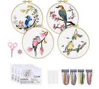 4 Sets Embroidery Kit for Beginners, 20CM Fairytale Bird Hoop Embroidery Kit, Embroidery Stitch Practice Kit, Embroidery Beginners Kit With Pattern and Instructions,Beginner Embroidery Kits for Ad-Ult