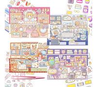 4 Sets Fun Mini Desktop Scene Stickers with Tweezers Desk Computer Desk Study Desk Scenes Stickers Cute Micro Desktop Craft Scrapbook Stickers for Relief Stress Pass The Time