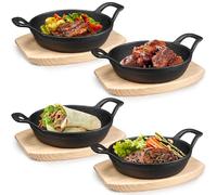 4 Sets Mini Cast Iron Skillet, Cast Iron Plates Skillet with Wooden Base, Small Round Fajita Plate Nonstick Baking Pan Sizzling Plate for Indoor and Outdoor Use (16 cm)