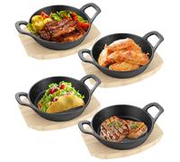 4 Sets Mini Cast Iron Skillet with Wooden Base Small Cast Iron Plates Skillet Round Fajita Plate Hot Steak Pot Dish for Kitchen Restaurant Barbecue(6.3 Inches)