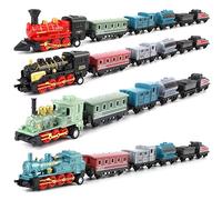 4 Sets Mini Pull Back Steam Trains Toy, Assorted Color Model Train Set for Kids, Durable Alloy Engine with Plastic Cars, Easy Assembly Travel Size Toy for Children Over 3