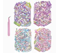 4 Sets Over Size DIY 3D Scene Stickers,3D Mini House Stickers Set for Adults with Tweezers Make Your Own Small Animal Room Sticker Scene Therapy for Adults Girls Relief Stress Pass The Time Gift