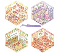 4 Sets Rabbit 3D Sticker Scene Cute 3D House Stickers Bunny Stickers with Tweezers Make Your Own Library and Store DIY 3D Miniature Scene Stickers