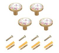 4 sets Round Drawer Cabinet Knobs Handles, Acrylic board Knobs with Screws Pulls Decor for Home Office Dresser Wardrobe Print Pink Exotic Flowers Flying Hummingbird