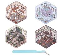 4 Sets Sticker Scenes, 3D DIY House Stickers Sushi Restaurant Coffee Isometric House Apartment 3D Sticker Therapy Scene Cartoon 3D Room Stickers for Adults Relief Stress