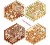 4 Sets Sticker Therapy,Sticker Scene,3D Sticker Scene, Cute Cartoon 3D House Sticker Set Suitable for Adults and Children to Relieve Stress and Pass The Time (with Tweezers)
