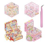 4 Sets Sticker Therapy Store, 3D Sticker Scene, 3D House Sticker Set, 3D Sticker Therapy Scene Cartoon 3D Stickers for Adults Relief Stress, Funny Cartoon Scene Stickers (with Tweezers)