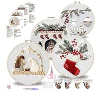 4 Sets Weihnachts Embroidery Kits for Adults, Embroidery Kits for Beginners, Cross Stitch Kits for Beginners with Designs, Needles, Threads, Accessories (Holly, Fireplace, Stocking, Nativity)