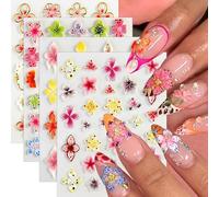 4 Sheets 3D Flower Nail Art Stickers, Vibrant Multi-Color Embossed Floral Decals, Self-Adhesive Nail Supplies for DIY Manicure Pedicure, Elegant Design for Women Girls, Nail Decoration