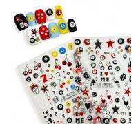 4 Sheets 3D Nail Stickers, Pool dice Cherry Star Number Cartoon Nail Decals, self Adhesive Textured Nail Art Supplies for DIY Home Manicure (Vibrant Multi Assorted Bright Colors)
