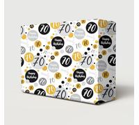 4 Sheets + 4 Gift Tags 70th Birthday Wrapping Paper Age 70 Birthday Black Gold Silver Giftwrap For Male and Female (PA)