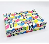4 Sheets 4 Tags 17th Birthday Wrapping Paper Age 17 Multi Coloured FUN CUBES background Unisex Giftwrap for Male and Female (PA)