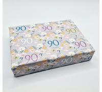 4 Sheets 4 Tags 90th Birthday Silver Grey Elegant Ladies Wrapping Paper Flowers Background 90 Years Female Giftwrap (PA)