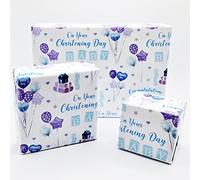 4 Sheets 4 Tags Congratulations On Your Christening Day Boy Balloons Design Wrapping Paper Gift Wrap Blue and White (PA)