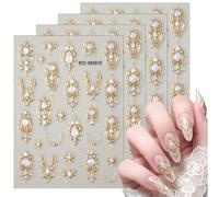 4 Sheets 5D Embossed Gems Nail Stickers, Golden Nail Stickers for Nail Art, Nail Art Stickers with Golden Mace Design, Self Adhesive Baroque Style Nail Charms for Women DIY Manicure Decorations