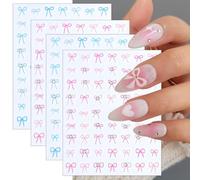4 Sheets Bow Nail Stickers for Nail Art, 5D Self-Adhesive Bow Nail Decoration, Pink and Blue Bows with Crystal Diamond Relief Rhinestones, Nail Decal for Women