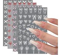 4 Sheets Bow Tie Nail Stickers - White Pink Red Cute Nail Decals - Star Heart Bow Nail Art Design - Stitch Nail Stickers Decoration Accessories