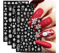 4 Sheets Christmas Nail Art Stickers - Embossed Snowflakes, White Glitter, Self Adhesive Decals - Winter Holiday Silver Nail Supplies