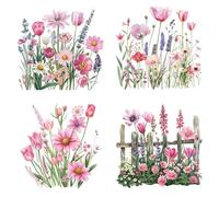 4 Sheets Dtf Transfers Ready to Press Flower Iron on Transfers Patches for T-Shirt Pink Vintage Botanical Heat Transfer Vinyl Appliques Tulip Lily Lavender Daisy Iron on Decals for Clothing DIY Craft