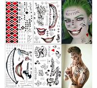 4 Sheets Halloween Clown Temporary Tattoo, Joker Harley Quinn Tattoo Cosplay Stickers for Halloween Carnival Fancy Dress Cosplay Scary Party Face Make Up Theme Party Masquerade Costume Accessories