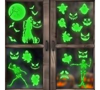 4 Sheets Halloween Glow Stickers, Halloween Decorative Window Clings Stickers Luminous Skeleton Ghost Witch Moon Spooky Window Glow in the Dark Decals Cute Halloween Home Decoration