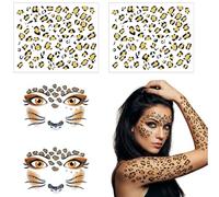 4 Sheets Leopard Face Tattoo Stickers with Body Temporary Tattoos, Cheetah Print Glitter Face Stickers for Music Festival, Carnival, Halloween Party, Cosplay Stage Makeup Accessories for Women Kids