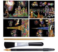4 Sheets Scratch Art Painting Rainbow Paper Sketch Pads, DIY Craft Kit with 6 Tools, City Series Night View, Scratch Art for Adults and Kids (Moscow)