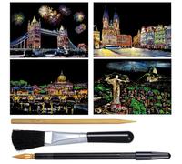 4 Sheets Scratch Art Painting Rainbow Paper Sketch Pads, DIY Craft Kit with 6 Tools, City Series Night View, Scratch Art for Adults and Kids (Beautiful City)