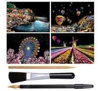 4 Sheets Scratch Art Painting Rainbow Paper Sketch Pads, DIY Craft Kit with 6 Tools, City Series Night View, Scratch Art for Adults (Europe)