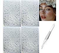 4 Sheets Self Adhesive Face Gems with Tweezer - Multi-Size 3/4/5/6mm Clear Rhinestone Stickers for Festival Makeup, Eye, Hair, Nail Art and DIY Crafts, Crystal Bedazzling Kit (Transparent)