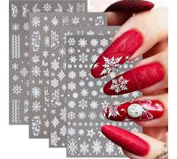 4 Sheets Self-Adhesive Nail Art Stickers - White Glitter Snowflakes - DIY Christmas Nail Art Design - Decals for Women & Girls