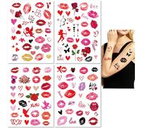 4 Sheets Valentine'S Day Temporary Tattoos For Couples Red And Black Lip Prints Sexy Heart And Flower Tattoos