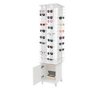 4-Sided Floor Standing Eyeglass Display Rack, 144 Pairs Glasses Storage Display Stand 360° Rotating with Storage Cabinet & Wheels for Eyewear Store Retail Exhibition(Yellow Wood) (White)