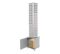 4-Sided Floor Standing Eyeglass Display Rack, 144 Pairs Glasses Storage Display Stand 360° Rotating with Storage Cabinet & Wheels for Eyewear Store Retail Exhibition(Yellow Wood) (Light Wood