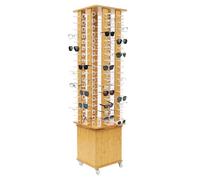 4-Sided Floor Standing Eyeglass Display Rack, 144 Pairs Glasses Storage Display Stand 360° Rotating with Storage Cabinet & Wheels for Eyewear Store Retail Exhibition(Yellow Wood) (Wood)