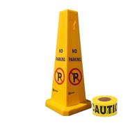 4 Sides No Parking Cones with 2" x 50M Caution Tape, Yellow Warning Sign for Parking Lots, Easily Noticeable Floor Sign for Indoor and Outdoor Use, Residential and Commercial Uses (Yellow, Set of 1)