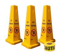 4 Sides No Parking Cones with 2" x 50M Caution Tape, Yellow Warning Sign for Parking Lots, Easily Noticeable Floor Sign for Indoor and Outdoor Use, Residential and Commercial Uses (Yellow, Set of 3)
