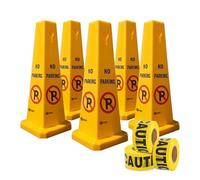 4 Sides No Parking Cones with 2" x 50M Caution Tape, Yellow Warning Sign for Parking Lots, Easily Noticeable Floor Sign for Indoor and Outdoor Use, Residential and Commercial Uses (Yellow, Set of 5)