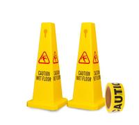 4 Sides View Caution Wet Floor Sign with 50 Meter Caution Warning Tape, Highly Visible Yellow Wet Floor Safety Sign Easily Noticeable for School, Hotels, Malls, Restaurants (Yellow, Set of 2)