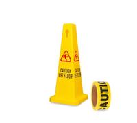 4 Sides View Caution Wet Floor Sign with 50 Meter Caution Warning Tape, Highly Visible Yellow Wet Floor Safety Sign Easily Noticeable for School, Hotels, Malls, Restaurants (Yellow, Set of 1)