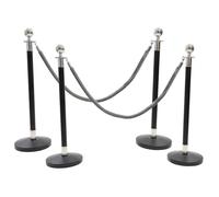 4 Silver Finish Black Stanchion Poles with 2 Grey Velvet Ropes - Stainless Steel Queue Barrier Set for Events, Hotels, Theatres & Crowd Control