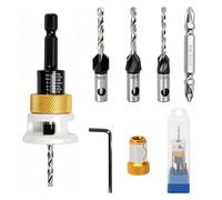 4-Size Countersink Drill Bit Set with Depth Stop, 1/4in Hex Shank | Interchangeable 2.8/3.2/3.5/4mm HSS bits with 8/10mm four-flute cutters, PH2 bit, magnetiser and case for wood