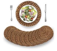 (4 Sizes: 12"-13"-14"-15") BARIEN Brown Woven Placemats Round Set of 10, Natural Water Hyacinth Weave Placemat for Dining Table, Large Handmade Woven Placemats Heat Resistant Non-Slip (12" - Set 10)