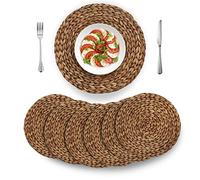 (4 Sizes: 12"-13"-14"-15") BARIEN Brown Woven Placemats Round Set of 6, Natural Water Hyacinth Weave Placemat for Dining Table, Large Handmade Woven Placemats Heat Resistant Non-Slip (15" - Set of 6)