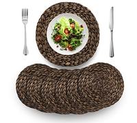 (4 Sizes: 12"-13"-14"-15") BARIEN Rustic Woven Placemats Round Set of 6, Natural Water Hyacinth Weave Placemat for Dining Table, Large Handmade Woven Placemats Heat Resistant Non-Slip (14" - Set 6)