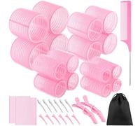 4 Sizes Self Grip Hair Rollers Set, 16 Pink Hair Rollers for Women with 17 Hair Clips Hair Pad Rat Tail Comb, Hair Rollers Curlers for Volume Long Medium Short Hair