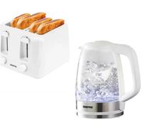 Geepas 4 Slice Bread Toaster & 1.7L Illuminating Electric Glass Kettle Set 2200W, White