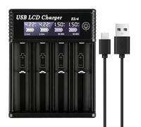 4-slot AA AAA Battery Charger with LCD Display, 5V 2A Type C Input for 1.2V Ni-MH Ni-CD AA AAA & 3.7V Li-ion Rechargeable Batteries 18650 18500 18350 17670 17500 16340 14500 26650 with USB Cable