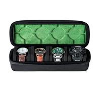 4 slots Hard men's watch travel case roll, Portable display storage organizer box with soft foam pillows snug fit all size watches up to 60mm face(green microfiber lining)